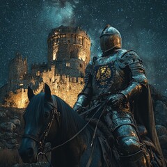 Knight, black horse, ancient castle, starry night