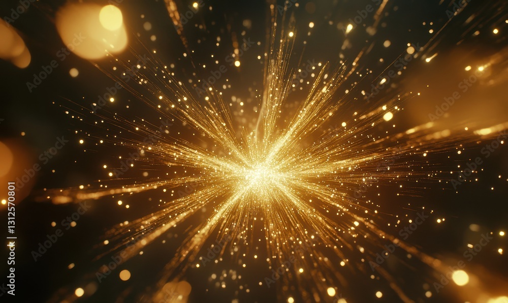 Poster glowing golden light beams radiating from a central point, surrounded by soft ambient sparkles on a 