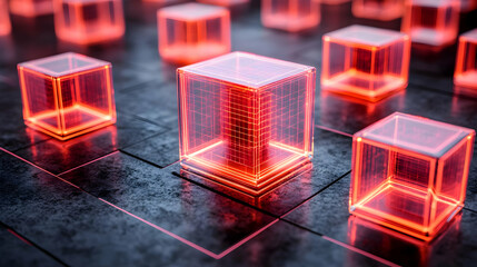Red Glowing Glass Cubes on Dark Surface