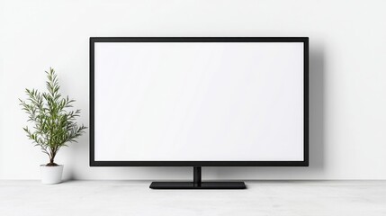 Fototapeta premium Blank Wide Screen Television Mockup with Small Plant