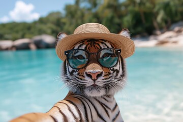 Cat on the beach, selfie, summer, rest and journey	