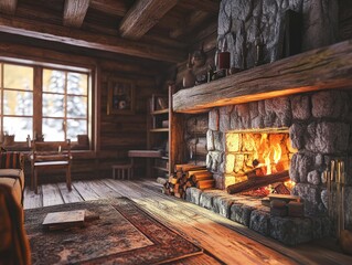 Rustic Log Cabin Fireplace