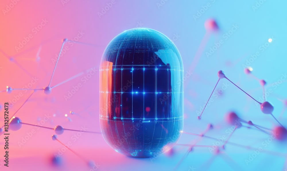 Poster minimalist rendering of a sleek blue capsule surrounded by glowing digital connections on a gradient