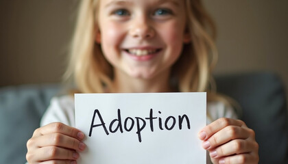 Happy girl holding adoption sign indoors