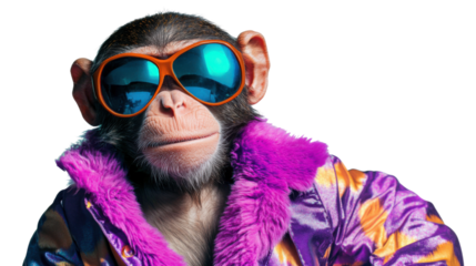 Stylish chimpanzee wearing sunglasses and colorful fur coat on transparent background