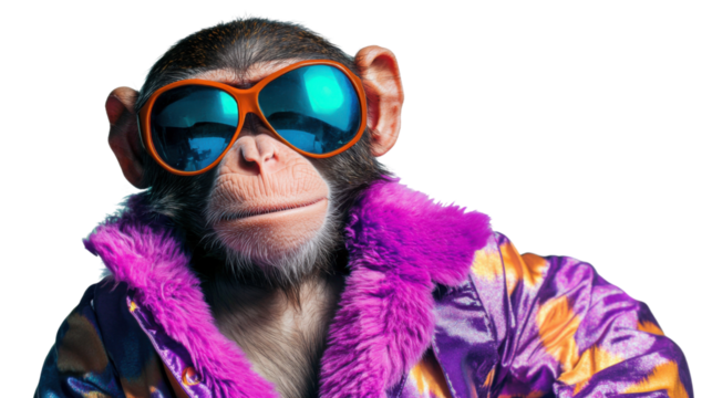 Stylish chimpanzee wearing sunglasses and colorful fur coat on transparent background