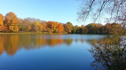 Obraz premium Autumn coloured foliage on the lake, central park- new york city, new york, united states of america