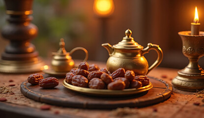 Fototapeta premium Traditional Ramadan Iftar Setting with Dates and Tea