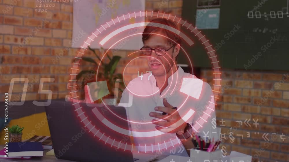 Poster man working at desk with digital data processing animation overlay