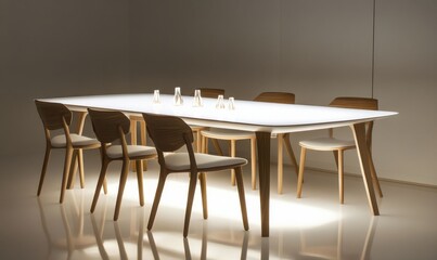 Minimalist white dining table set with sleek wooden chairs, softly illuminated to create a modern and cozy ambiance