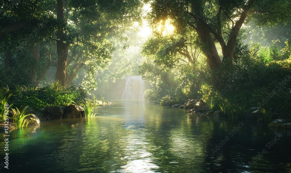 Poster serene flowing river surrounded by lush greenery, illuminated by soft sunlight filtering through the