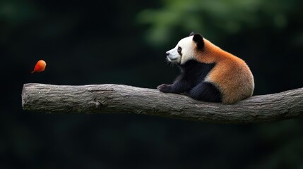 Obraz premium Red Panda on Tree Branch Watching Fruit