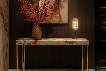 Luxurious Entryway Console Table with Marble Top and Modern Decorative Elements