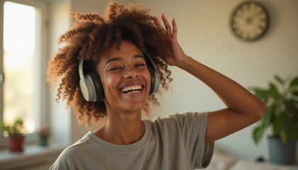 The happy woman enjoying music at home. AI image