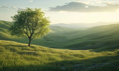 Obraz premium Serene green landscape with a lone tree glowing softly under golden sunlight, surrounded by rolling hills for a peaceful vibe