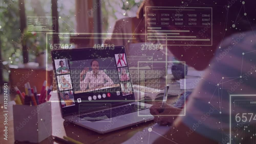 Poster video call on laptop with digital data processing animation overlay
