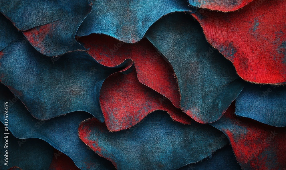 Poster overlapping blue and red fabric pieces with rugged edges, illuminated by diffused light, creating a 