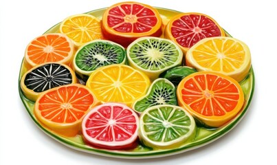 Obraz premium Variety of vibrant fruit slices arranged on a plate.