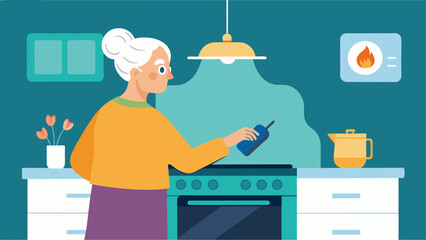 An elderly woman in her kitchen using a smart stove with safety features to prevent accidents while cooking.. Vector illustration
