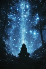 Fototapeta premium Silhouetted figure meditates beneath a celestial forest canopy.