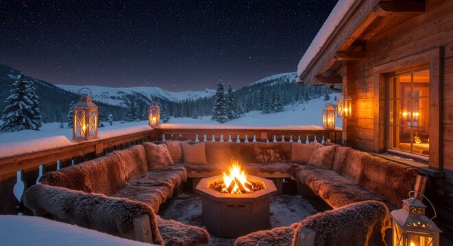 Cozy Winter Night Fire Pit on Cabin Deck with Snowy Mountain View - Powered by Adobe