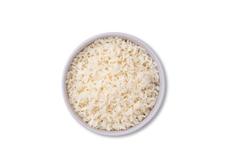 Cooked white rice in a bowl isolated over white background