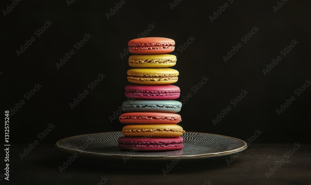 Poster playful assortment of colorful macarons stacked neatly on a textured plate, illuminated by soft natu