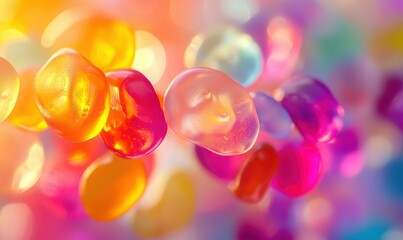 Playful close-up of colorful jelly candies in bold hues illuminated by soft natural light, creating a cheerful and nostalgic composition