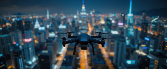 Obraz premium A drone flying over a city at night.