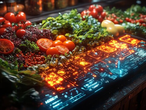 Cybernetic Harvest: A Fusion of Fresh Produce and High-Tech Displays, Where Nature's Bounty Meets the Digital Frontier, Showcasing Innovation. - Powered by Adobe