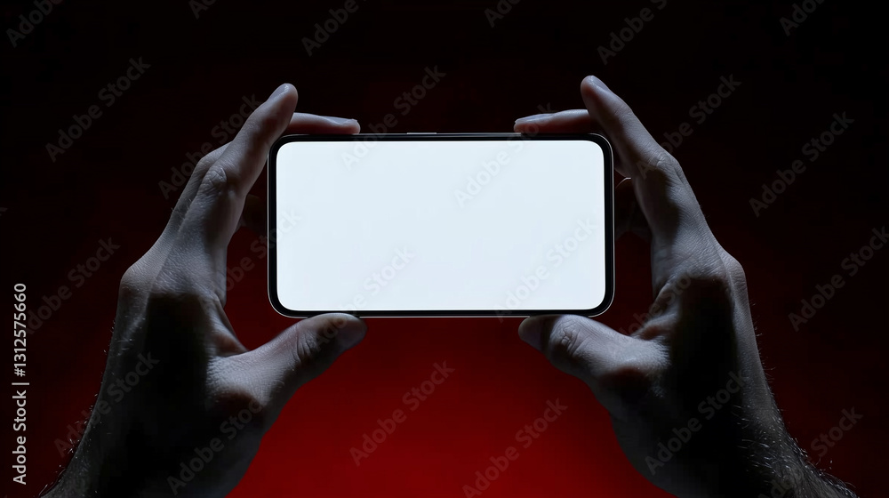 Poster smartphone held horizontally in two hands showing blank white screen with dark red background. mobil