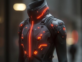 Futuristic Cyberpunk Suit with Glowing Red Accents: A sleek, advanced bodysuit blending tech and style, perfect for dystopian futures and cutting-edge fashion trends.