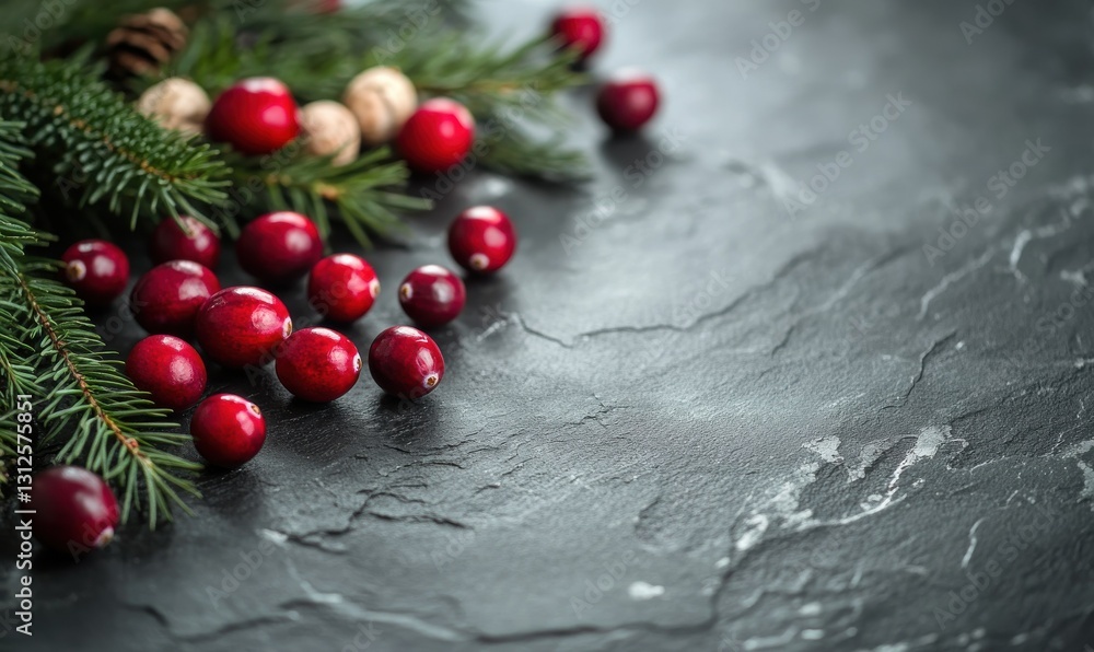 Poster artistic arrangement of fresh cranberries and evergreen branches on a slate surface, illuminated by 