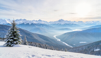 Quiet morning in snow-blanketed mountains, serene tranquility