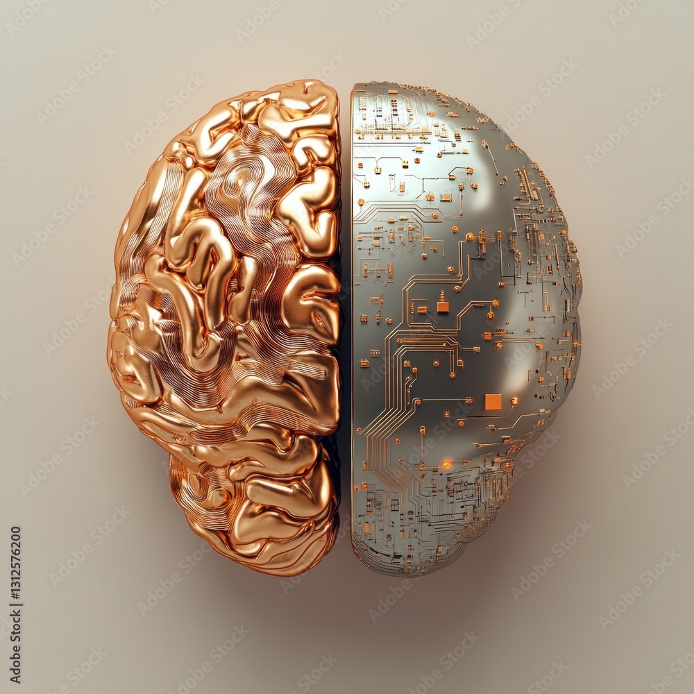 Poster a glossy brain is split in half, showcasing one side made of gleaming gold and the other adorned wit