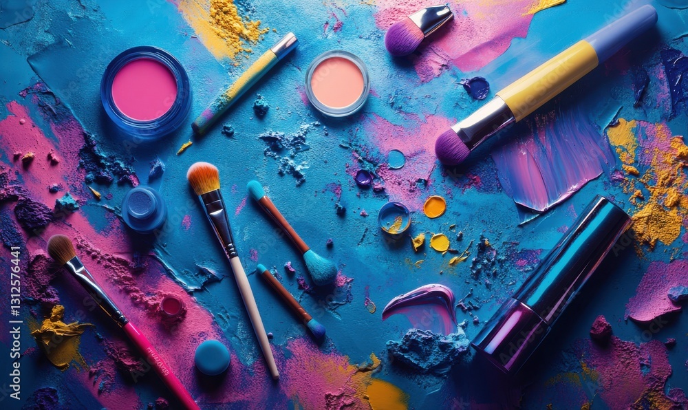 Poster artistic flat lay of colorful cosmetics and brushes scattered on a textured surface illuminated by d
