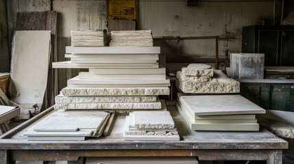 Obraz premium Stacked materials in a workshop showcasing various textures and colors for crafting projects