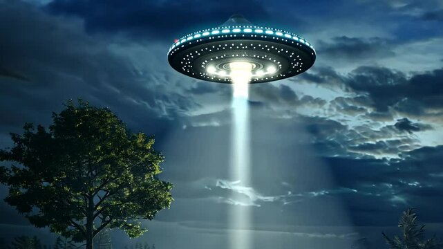 UFO strahlt helles Licht auf die Erde