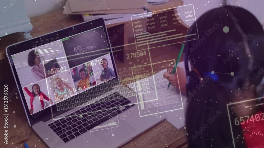Poster virtual meeting and data processing animation over person writing at desk