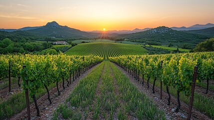 Fototapeta premium Vineyard rows at sunset, hills background