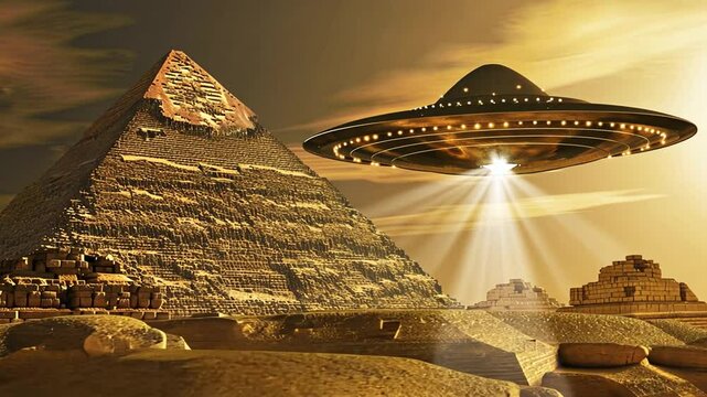UFO &uuml;ber den Pyramiden mit Lichtstrahl
