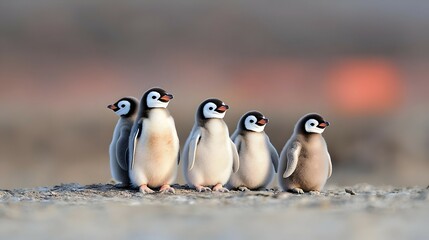 Obraz premium Five Adorable Baby Penguins Standing Together on a Sandy Beach at Sunset
