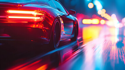 Red Sports Car Driving Through Neon City at Night