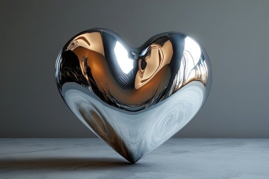 A shiny chrome heart sits prominently against a grey background, reflecting soft light and creating intriguing patterns on its surface