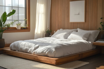 Minimalist Japanese-Inspired Bedroom with a Low Wooden Platform Bed and Soft Neutrals