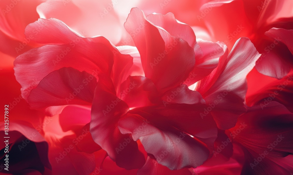Poster close-up of vibrant red and pink flower petals illuminated by soft diffused light creating a dynamic