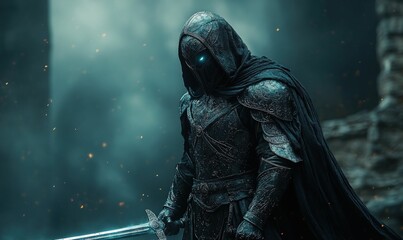 Fototapeta premium Dark knight mysterious hooded figure sword