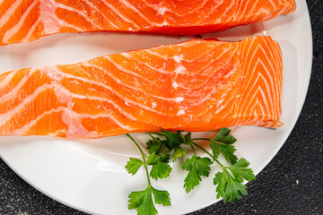 Salmon red fish organic seafood tasty fresh delicious gourmet food background on table rustic food top view copy space keto and paleo diet vegetarian food pescetarian diet