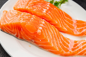 Salmon red fish organic seafood tasty fresh delicious gourmet food background on table rustic food top view copy space keto and paleo diet vegetarian food pescetarian diet