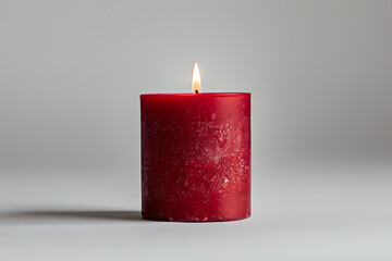 holiday candle design, a simple red candle with cinnamon and clove scent stands out against a white background, creating a warm and festive atmosphere with its steady flame